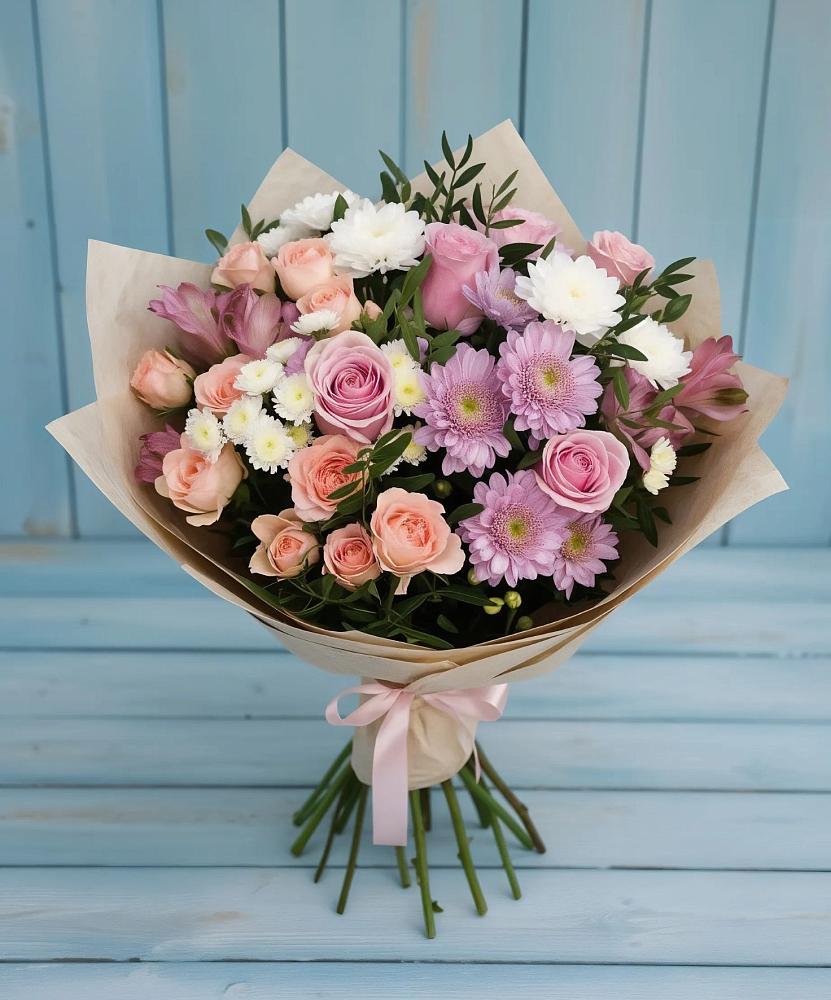 Букет цветов из: Хризантемы, Розы и Альстромерии в Лебяжьем Алтайского края