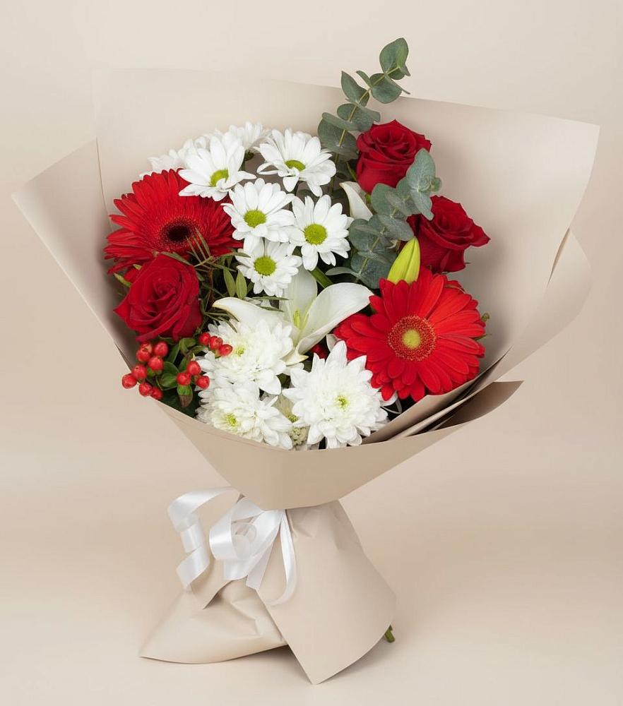 Букет цветов из: Розы, Хризантемы, Герберы и Лилии в Лебяжьем Алтайского края