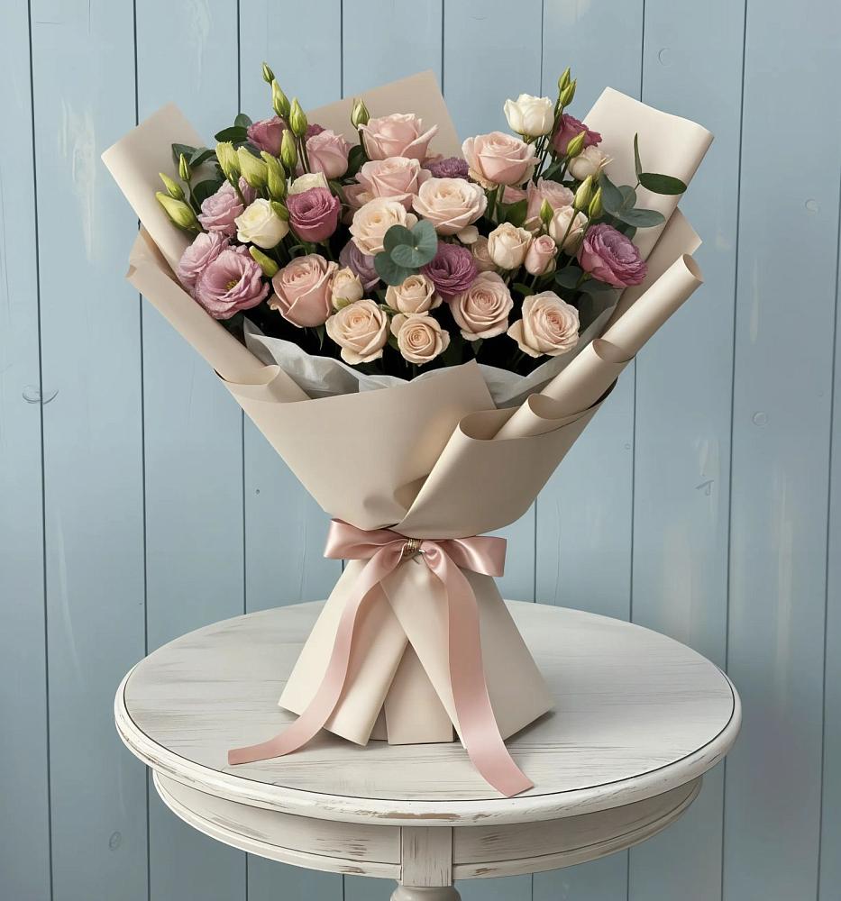 Букет цветов из: Розы и Лизиантусы в Лебяжьем Алтайского края