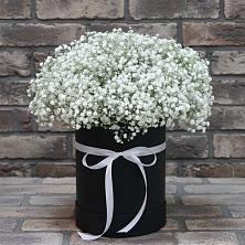 Цветочная композиция из Гипсофила в шляпной коробке в Лебяжьем Алтайского края