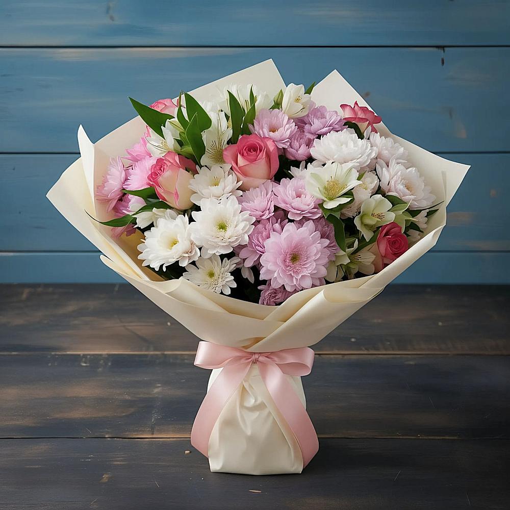 Букет цветов из: Хризантемы, Альстромерии и Розы в Лебяжьем Алтайского края